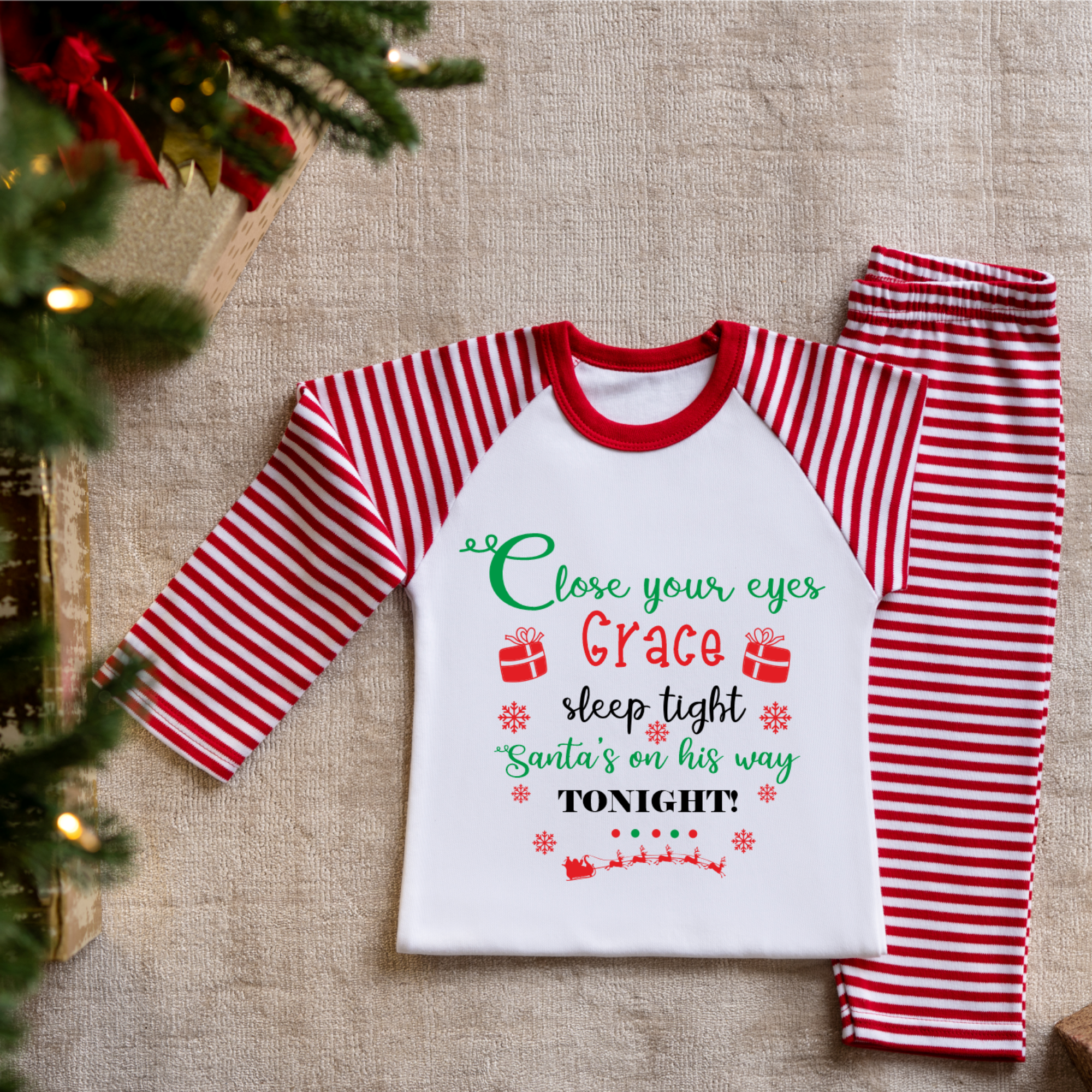 Close Your Eyes Santa On His Way Red Stripes Christmas Pjs
