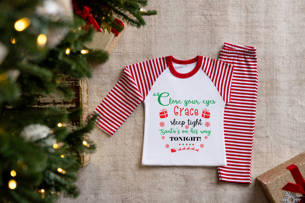 Close Your Eyes Santa On His Way Red Stripes Christmas Pjs
